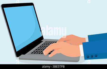 Hands on a laptop typing, business or social media design element Stock Vector
