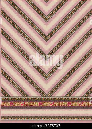 Pink and beige chevron pattern with intricate border design for fabric or wallpaper Stock Vector