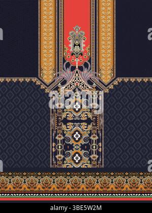 Intricate textile design featuring ornate paisley and geometric patterns in rich jewel tones Stock Vector