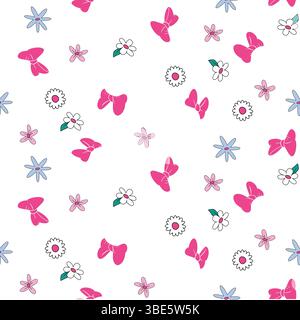 Scattered pink bows and delicate flowers on white background seamless pattern Stock Vector