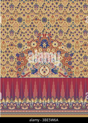 Intricate peacock and floral textile design a rich tapestry of indian inspired patterns Stock Vector