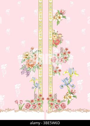 Pink floral textile design with vertical stripes and delicate flower arrangements Stock Vector