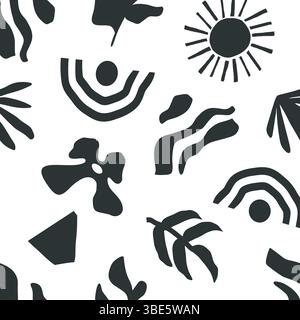 Abstract black and white seamless pattern with nature and geometric shapes Stock Vector