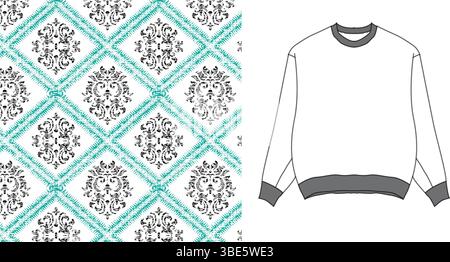 Ornamental pattern with diamonds and floral elements isolated on transparent background Stock Vector