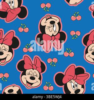 Charming minnie mouse and cranberries blue fabric print repeating pattern design for kids Stock Vector