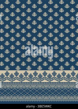 Elegant indigo and beige floral textile pattern with intricate border design Stock Vector