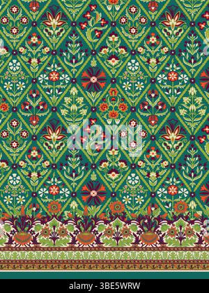 Vibrant teal and green floral diamond pattern textile design with intricate border Stock Vector