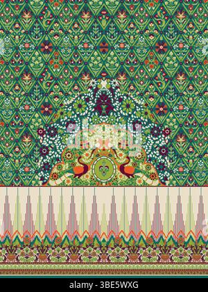 Vibrant green and orange floral textile design with peacocks and geometric patterns Stock Vector