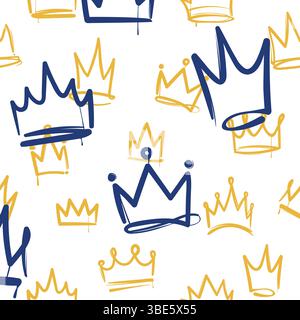 Seamless pattern of hand drawn gold and blue crowns on white background Stock Vector
