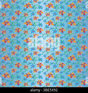 Repeating floral pattern design light blue background orange red blue flowers vines Stock Vector