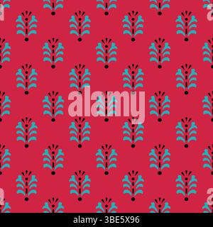 Repeating teal and crimson floral pattern seamless textile design Stock Vector
