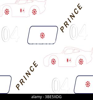 Seamless pattern design featuring prince racing car number 04 and red snowflake wheels Stock Vector