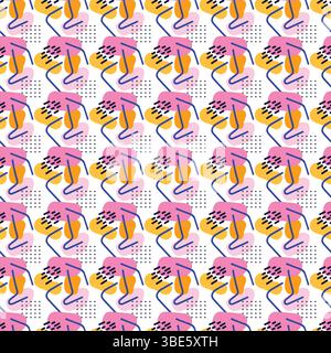 Abstract seamless pattern with pink orange and blue shapes on white background Stock Vector