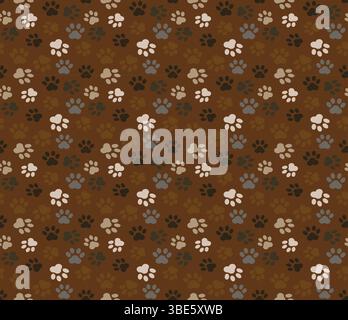 Seamless pattern of brown and beige dog paw prints on dark brown background Stock Vector