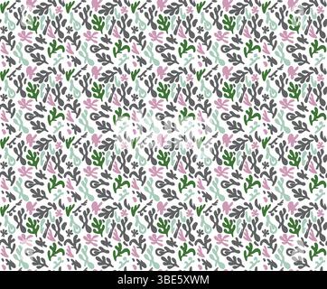 Seamless pattern of abstract floral and botanical elements in pink green and gray Stock Vector