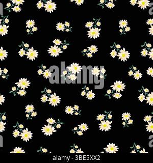 Seamless pattern of delicate white daisies on a black background Stock Vector