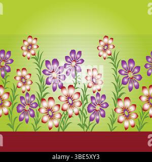 Seamless floral border design with purple and white flowers on a light green background Stock Vector
