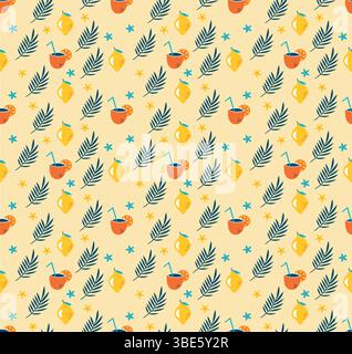 Summertime lemon tea pattern repeating design with lemons teacups and palm leaves Stock Vector