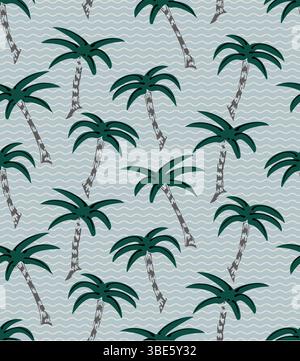 Seamless teal palm tree pattern on wavy light blue background tropical summer design Stock Vector