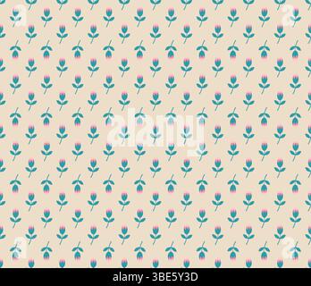 Repeating pattern of stylized pink and teal tulips on a beige background Stock Vector