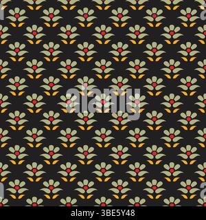 Seamless repeating floral pattern dark background green yellow red Stock Vector