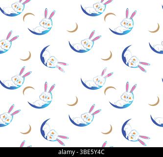Adorable seamless pattern of bunnies sleeping on crescents Stock Vector