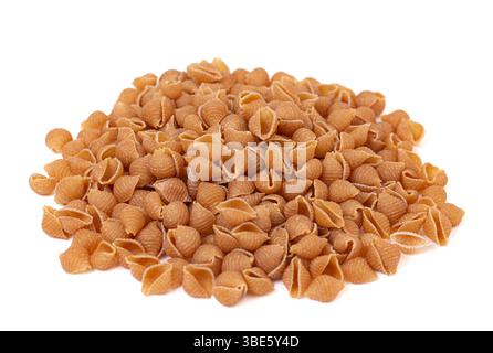 Whole Wheat Shell Pasta on a White Background Stock Photo