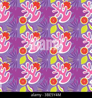 Abstract tropical fruit and leaf pattern seamless repeat design Stock Vector
