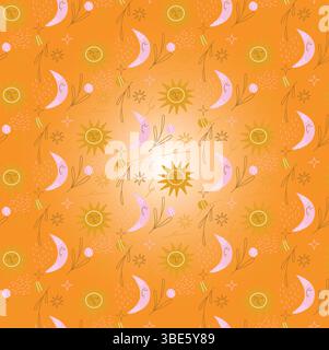 Orange celestial pattern suns moons stars and twigs seamless repeat design Stock Vector
