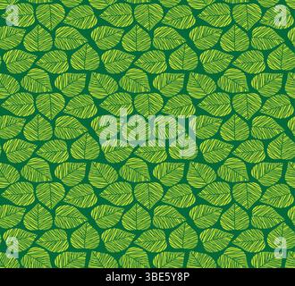Seamless pattern of green hand drawn leaves on dark green background Stock Vector