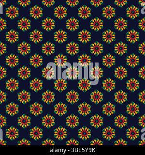 Repeating geometric floral pattern dark blue background red yellow green Stock Vector
