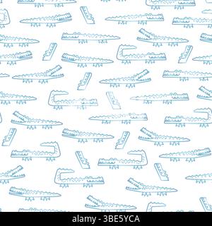 Seamless pattern of light blue cartoon crocodiles and geometric shapes on white background Stock Vector