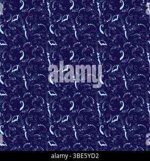Midnight blue floral and bat pattern seamless repeat design Stock Vector