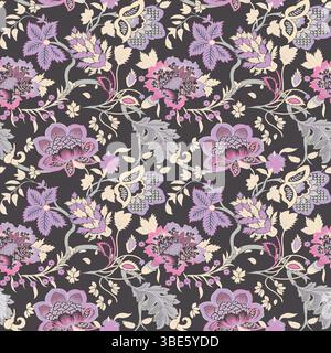 Dark background floral pattern seamless textile design purple pink cream Stock Vector