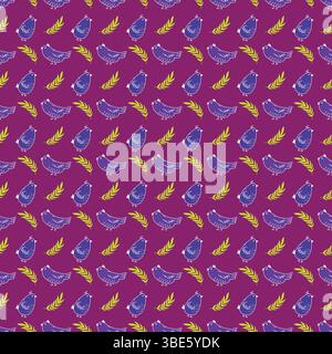 Purple and yellow bird and leaf repeating pattern seamless design for fabric or wallpaper Stock Vector