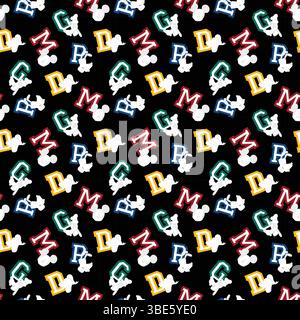 Repeating pattern of vespa scooters and initials on black background Stock Vector