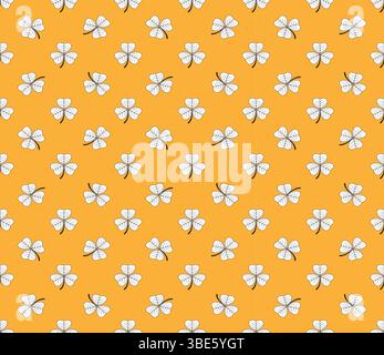 Repeating pattern of white four leaf clovers on a vibrant orange background Stock Vector