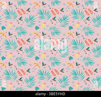 Seamless summer pattern design featuring palm leaves flip flops sailboats and ice cream cones Stock Vector