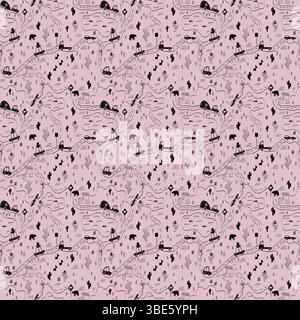 Pink and black repeating map pattern fabric design featuring wilderness animals and landscapes Stock Vector