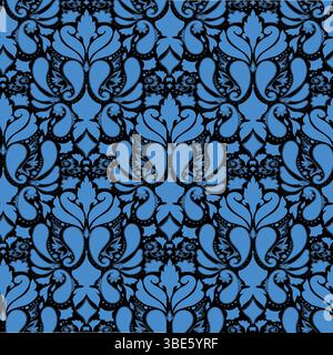 Seamless damask pattern in blue and black isolated on transparent background Stock Vector