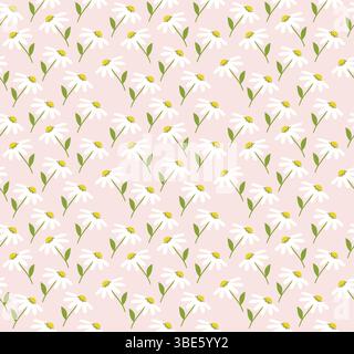 Repeating pattern of simple white daisies on a pale pink background Stock Vector