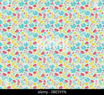 Seafoam green floral pattern with yellow red and teal flowers and leaves Stock Vector