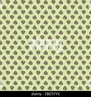 Repeating pattern of small dark green and beige spade motifs on a pale green background Stock Vector