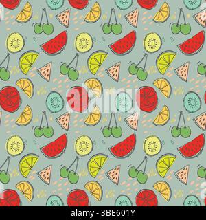 Seamless pattern with fruits and berries isolated on transparent background Stock Vector