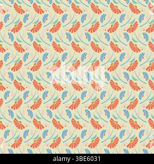 Abstract floral pattern design in red blue and green on pale yellow background Stock Vector