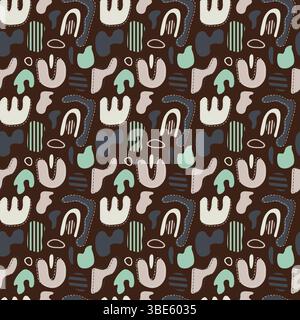 Abstract seamless pattern with organic shapes and pastel colors on dark brown background Stock Vector