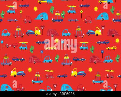 Red road trip pattern colorful cars cactus and desert icons repeating design Stock Vector