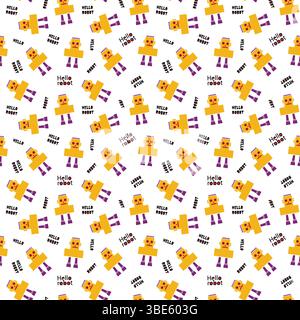 Seamless pattern design featuring cute yellow robots saying hello robot Stock Vector