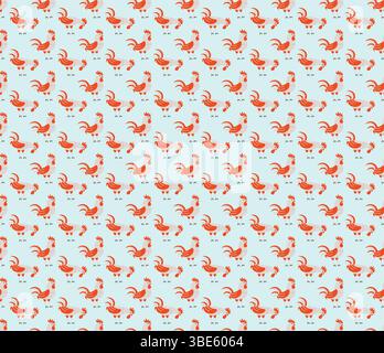 Seamless repeating pattern of stylized coral red chickens on light blue background Stock Vector