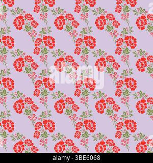 Repeating red rose and green leaf pattern on lavender background Stock Vector